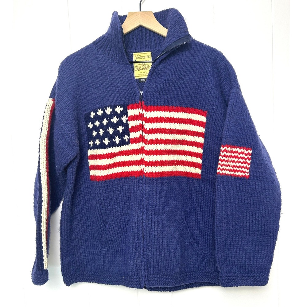 Woolies Vintage American‎ Flag Knit Full Zip Cardigan Sweater Made in Ecuador
